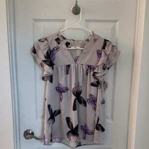 Entro Purple Butterfly Ruffle Blouse